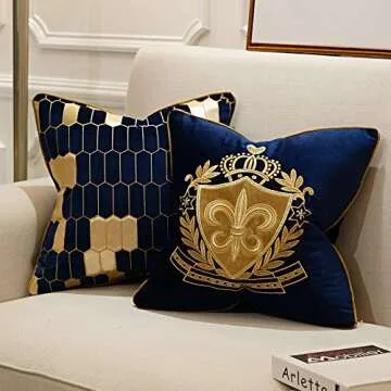 Avigers 20 x 20 Inch Shield Embroidery Velvet Cushion Cover Luxury European Pillow Case Pillowcase Home Decorative for Sofa Chair Bedroom Throw Pillow, Navy Blue