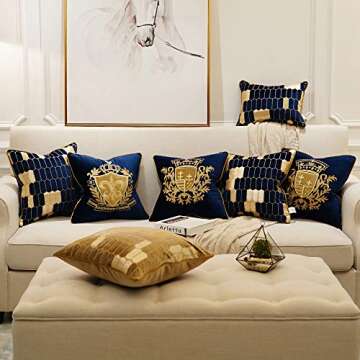 Avigers 20 x 20 Inch Shield Embroidery Velvet Cushion Cover Luxury European Pillow Case Pillowcase Home Decorative for Sofa Chair Bedroom Throw Pillow, Navy Blue