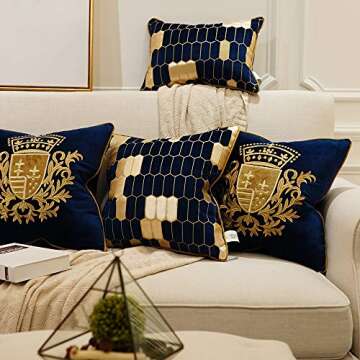 Avigers 20 x 20 Inch Shield Embroidery Velvet Cushion Cover Luxury European Pillow Case Pillowcase Home Decorative for Sofa Chair Bedroom Throw Pillow, Navy Blue