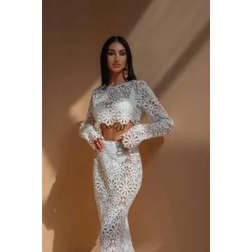 REASERAL Womens Lace 2 Piece Outfits Long Sleeves Round Neck Hollow Out Top Maxi Skirt Vacation Sets