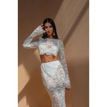 REASERAL Womens Lace 2 Piece Outfits Long Sleeves Round Neck Hollow Out Top Maxi Skirt Vacation Sets