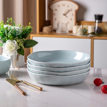 LERATIO Beautiful Ceramic Pasta Bowls - Set of 4 with Wavy Rim Design