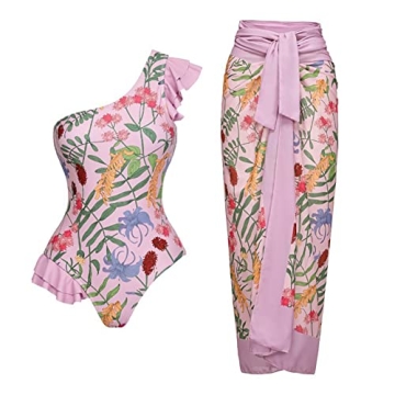 2 Piece Swimsuits for Women: Floral One Piece Swimwear with Beach Cover up Wrap Skirt Sexy Bikini Se...