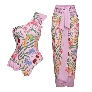 2 Piece Swimsuits for Women: Floral One Piece Swimwear with Beach Cover up Wrap Skirt Sexy Bikini Se...