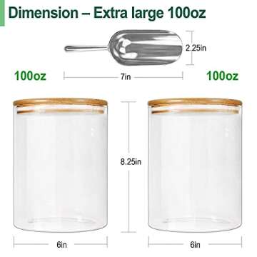 Urban Green Glass Jar with Bamboo Lids (2 sets 100oz) with Metal Scoop, Glass Food Storage Container...