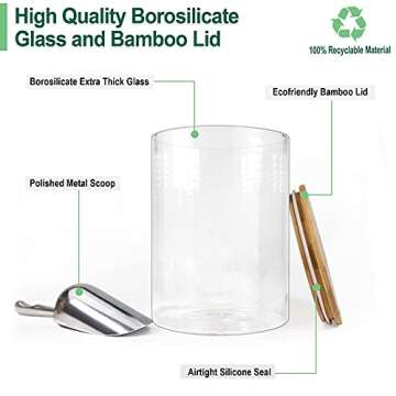Urban Green Glass Jar with Bamboo Lids (2 sets 100oz) with Metal Scoop, Glass Food Storage Containers with Lids, Airtight Glass Canisters sets, Glass Jar with Lids, Glass Flour Contaner,