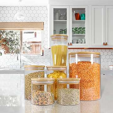 Urban Green Glass Jar with Bamboo Lids (2 sets 100oz) with Metal Scoop, Glass Food Storage Containers with Lids, Airtight Glass Canisters sets, Glass Jar with Lids, Glass Flour Contaner,