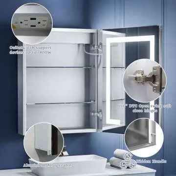 ExBrite LED Lighted Bathroom Medicine Cabinet with Mirror, 24 x 30 Inch, Recessed or Surface led Medicine Cabinet, Defog, Stepless Dimming,Color Temper Change, 2 Outlets,Storage Shelves,Right Hinge