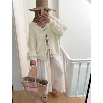 SKIKYAN Women Bowtie Oversized Knit Cardigan Y2K Style