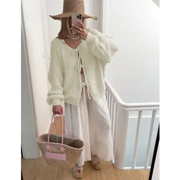 SKIKYAN Women Bowtie Oversized Knit Cardigan Y2K Style