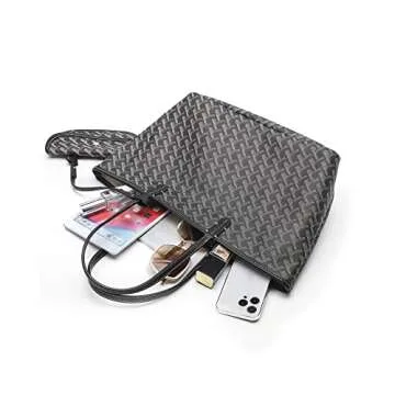 textmenow Women's Puffer Tote Handbags Purse Sets for Women Large Leather Clutch Dupes Hobo Shoulder Bag Travel Beach 3pcs (black), L17.5inch W6inch H10.5inch