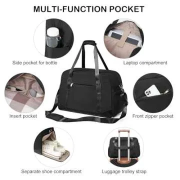 LONG VACATION Women's Travel Duffel Bag with Toiletry Bag, Sports Gym Bag Weekendeer Carry-on Tote with Shoe Compartment and Wet Pocket, Yoga Bag Fit 17.3inch Laptop (BLACK, 21-inch)