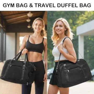 LONG VACATION Women's Travel Duffel Bag with Toiletry Bag, Sports Gym Bag Weekendeer Carry-on Tote with Shoe Compartment and Wet Pocket, Yoga Bag Fit 17.3inch Laptop (BLACK, 21-inch)