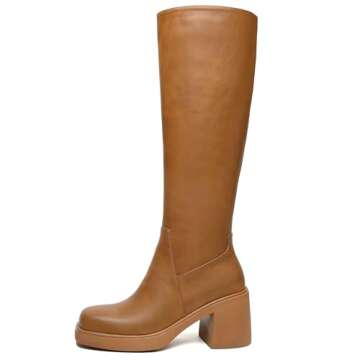 HEIFIN Platform Knee High Boots Women Brown Leather Tall Boots For Women Square Toe Chunky Block Hee...