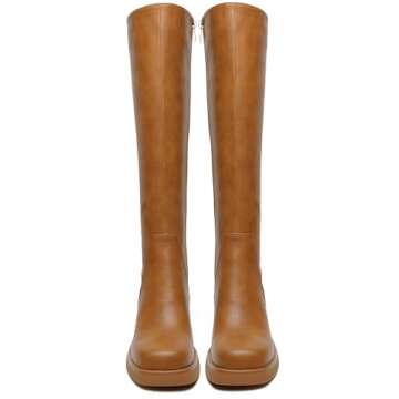 HEIFIN Platform Knee High Boots Women Brown Leather Tall Boots For Women Square Toe Chunky Block Heel Long Boots with Side Zipper