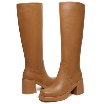 HEIFIN Platform Knee High Boots Women Brown Leather Tall Boots For Women Square Toe Chunky Block Heel Long Boots with Side Zipper