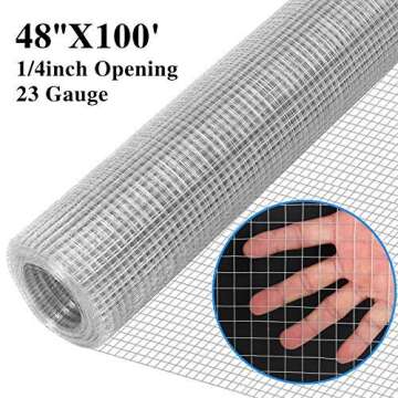 48 x 100 Hardware Cloth 1/4 Inch 23 Gauge Galvanized After Welding Fence Mesh Roll Garden Plant Supports Poultry Netting Square Chicken Wire Snake Fencing Gopher Racoons Rabbit Pen Gutter (48"x100')