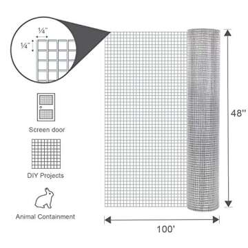 48 x 100 Hardware Cloth 1/4 Inch 23 Gauge Galvanized After Welding Fence Mesh Roll Garden Plant Supports Poultry Netting Square Chicken Wire Snake Fencing Gopher Racoons Rabbit Pen Gutter (48"x100')