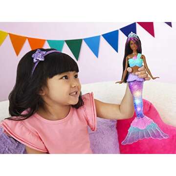 Barbie Dreamtopia Doll, Mermaid Toy with Water-Activated Light-Up Tail, Purple-Streaked Hair & 4 Col...
