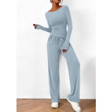 PRETTYGARDEN Women's 2 Piece Lounge Sets Asymmetrical Long Sleeve T Shirt Wide Leg Pants Casual Outfits Tracksuit (Light Blue,X-Large)