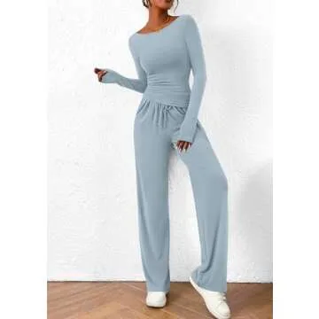 PRETTYGARDEN Women's 2 Piece Lounge Sets Asymmetrical Long Sleeve T Shirt Wide Leg Pants Casual Outfits Tracksuit (Light Blue,X-Large)