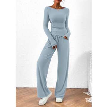PRETTYGARDEN Women's 2 Piece Lounge Sets Asymmetrical Long Sleeve T Shirt Wide Leg Pants Casual Outfits Tracksuit (Light Blue,X-Large)