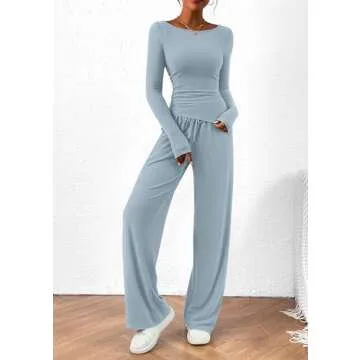 PRETTYGARDEN Women's 2 Piece Lounge Sets Asymmetrical Long Sleeve T Shirt Wide Leg Pants Casual Outfits Tracksuit (Light Blue,X-Large)