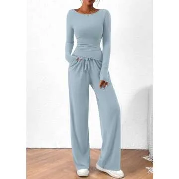 PRETTYGARDEN Women's 2 Piece Lounge Sets Asymmetrical Long Sleeve T Shirt Wide Leg Pants Casual Outfits Tracksuit (Light Blue,X-Large)