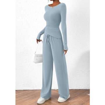 PRETTYGARDEN Women's 2 Piece Lounge Sets Asymmetrical Long Sleeve T Shirt Wide Leg Pants Casual Outfits Tracksuit (Light Blue,X-Large)