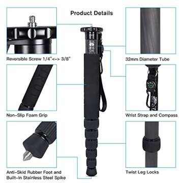 SIRUI Camera Monopod P-326 6 Section Carbon Fiber Compact Lightweight Travel Monopod
