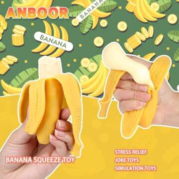 Anboor 2 Pcs Banana Squishies Stress Ball, Fruit Sensory Balls for Kids and Adults, Simulation Banan...