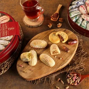 Zalatimo Sweets Since 1860, 100% All Natural Assorted Mamoul Shortbread Cookies, Round Gift Tin, Slightly Sweet Cookies, Pistachio, Walnuts, Dates, No Preservatives, No Additives, 2.2Lbs