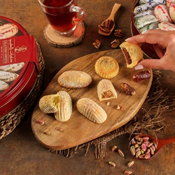 Zalatimo Sweets Since 1860, 100% All Natural Assorted Mamoul Shortbread Cookies, Round Gift Tin, Slightly Sweet Cookies, Pistachio, Walnuts, Dates, No Preservatives, No Additives, 2.2Lbs