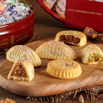 Zalatimo Sweets Since 1860, 100% All Natural Assorted Mamoul Shortbread Cookies, Round Gift Tin, Slightly Sweet Cookies, Pistachio, Walnuts, Dates, No Preservatives, No Additives, 2.2Lbs