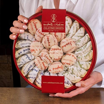 Zalatimo Sweets Since 1860, 100% All Natural Assorted Mamoul Shortbread Cookies, Round Gift Tin, Slightly Sweet Cookies, Pistachio, Walnuts, Dates, No Preservatives, No Additives, 2.2Lbs