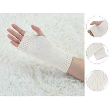 Allegra K Women's Ribbed Wrist Arm Warmers Stretchy Cable Knitted Fingerless Gloves One Size White