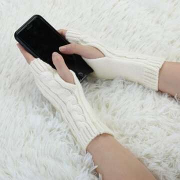 Allegra K Women's Ribbed Wrist Arm Warmers Stretchy Cable Knitted Fingerless Gloves One Size White