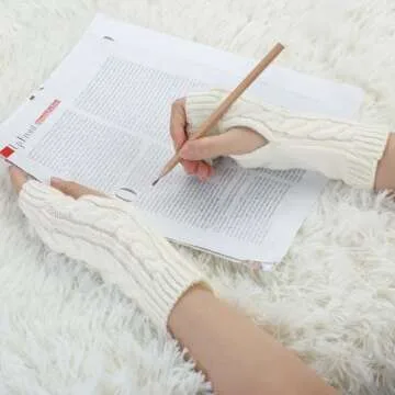 Allegra K Women's Ribbed Wrist Arm Warmers Stretchy Cable Knitted Fingerless Gloves One Size White