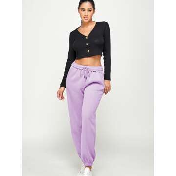 IUUI Women's High Waisted Fleece Sweatpants - Casual Baggy Joggers with Pockets, Foldable Warm Lounge Pants Lilac