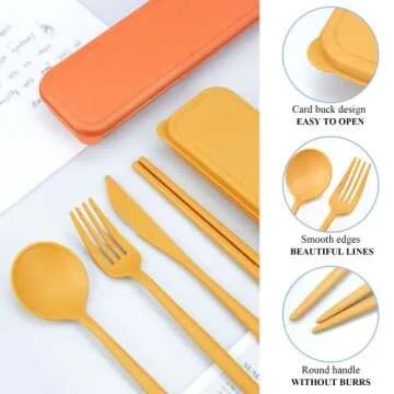DISSKNIC Reusable Travel Utensils with Case, 4 Sets Wheat Straw Portable Cutlery Set Chopsticks Knives Fork and Spoon for Lunch Box Accessories, Camping Flatware Sets for Daily Use or Outdoor