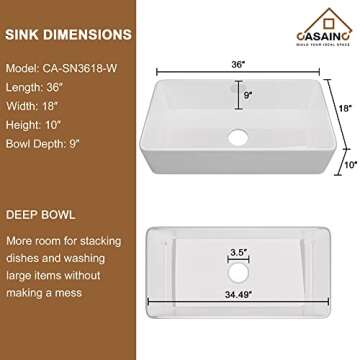 CASAINC Farmhouse Sink, White Farmhouse Kitchen Sink Fireclay, Apron Farm Sink 10" Deep Single Bowl, Undermount Kitchen Sink with Stainless Steel Bottom Grid and Kitchen Sink Drain (36"*18")