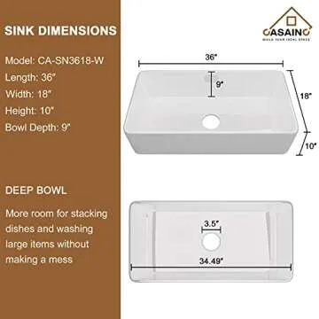 CASAINC Farmhouse Sink, White Farmhouse Kitchen Sink Fireclay, Apron Farm Sink 10" Deep Single Bowl, Undermount Kitchen Sink with Stainless Steel Bottom Grid and Kitchen Sink Drain (36"*18")