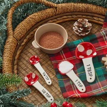 Bico Mushroom Gnome Hand Painted Stoneware Measuring Spoon Set, Cute Christmas Kitchen Accessories for Baking, Cooking, Dishwasher Safe