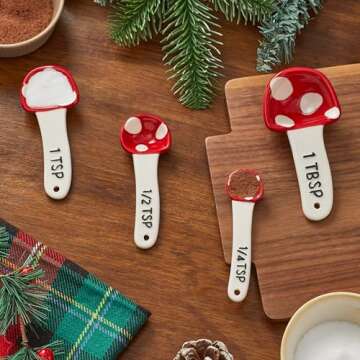 Bico Mushroom Gnome Hand Painted Stoneware Measuring Spoon Set, Cute Christmas Kitchen Accessories for Baking, Cooking, Dishwasher Safe