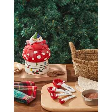 Bico Mushroom Gnome Hand Painted Stoneware Measuring Spoon Set, Cute Christmas Kitchen Accessories for Baking, Cooking, Dishwasher Safe