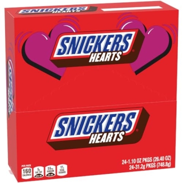 SNICKERS Valentine's Singles Size Chocolate Heart Candy Bars 1.1-Ounce Bar 24-Count Box