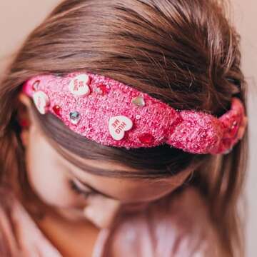 FROG SAC Top Knot Headband for Girls - Knotted Valentines Head Bands for Kids, Candy Heart Hair Band for Children, Pink Embellished Hair Accessories for Toddlers, Little Girl Fashion Hairband