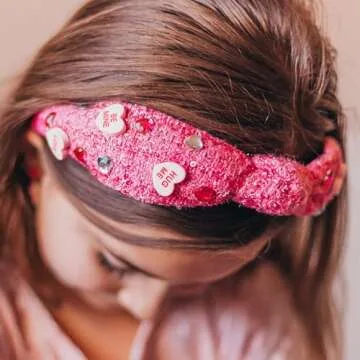FROG SAC Top Knot Headband for Girls - Knotted Valentines Head Bands for Kids, Candy Heart Hair Band for Children, Pink Embellished Hair Accessories for Toddlers, Little Girl Fashion Hairband
