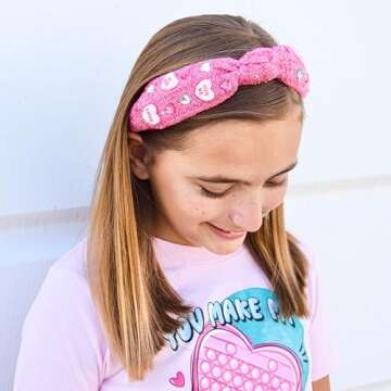 FROG SAC Top Knot Headband for Girls - Knotted Valentines Head Bands for Kids, Candy Heart Hair Band for Children, Pink Embellished Hair Accessories for Toddlers, Little Girl Fashion Hairband