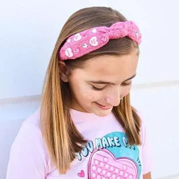 FROG SAC Top Knot Headband for Girls - Knotted Valentines Head Bands for Kids, Candy Heart Hair Band for Children, Pink Embellished Hair Accessories for Toddlers, Little Girl Fashion Hairband